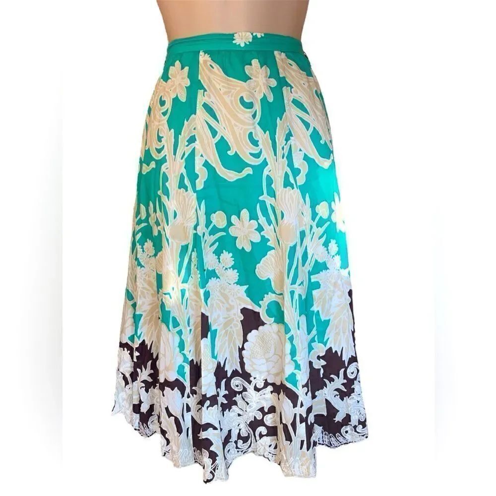 Coldwater Creek boho pleated midi skirt teal brown white with gold lining